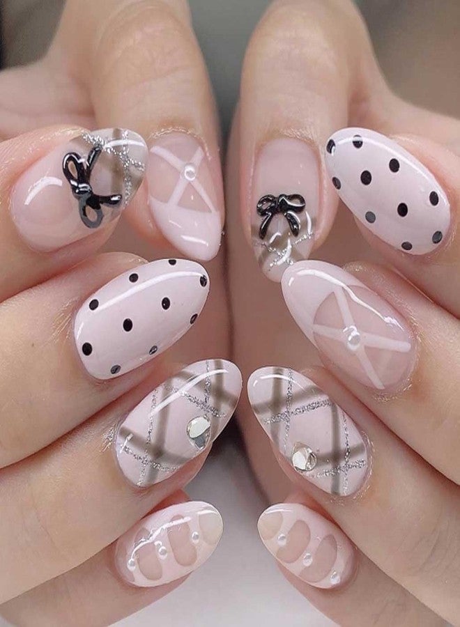 Foccna Press On Nails Almond -French Tip Fake Nails Polka Dots Glossy Goth Short Round Nails, Salon Quality Artificial Nails Finger Manicure for Women 24pcs - Image 1